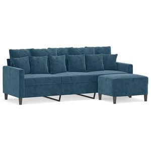 vidaXL Sof&aacute; de 3 plazas con taburete de terciopelo azul 180 cm