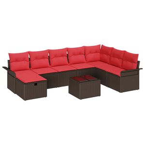vidaXL Conjunto de sof&aacute; de jard&iacute;n 9 uds. Marr&oacute;n y Rojo rat&aacute;n sint&eacute;tico