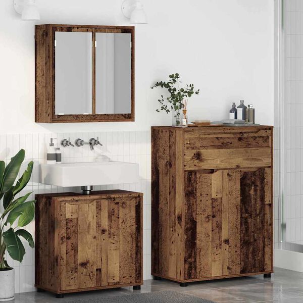 vidaXL Juego de muebles de ba&ntilde;o con caj&oacute;n con rueda 3 pcs Madera Vieja