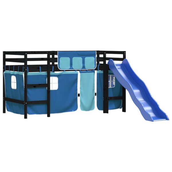 vidaXL Cama alta para ni&ntilde;os con cortinas madera pino azul 90x200 cm