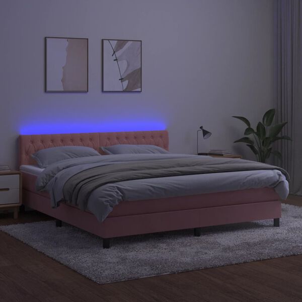 vidaXL Cama box spring colch&oacute;n y LED terciopelo rosa 180x200 cm
