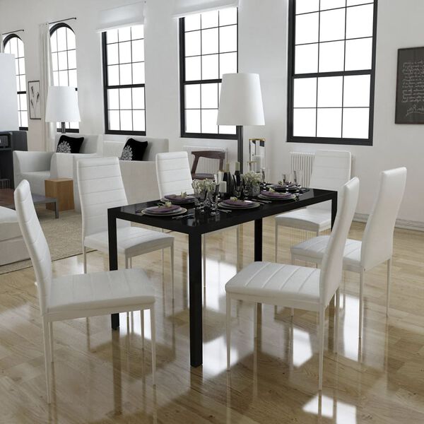 vidaXL Juego de mesa de comedor de 7 piezas en blanco y negro