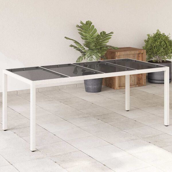 vidaXL Mesa de jard&iacute;n superficie de vidrio rat&aacute;n PE blanco 190x90x75cm