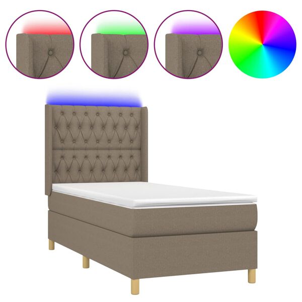 vidaXL Cama box spring colch&oacute;n y luces LED tela gris taupe 90x200 cm