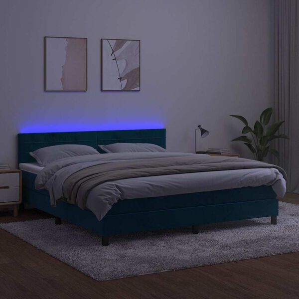 vidaXL Cama box spring colch&oacute;n y LED terciopelo azul oscuro 180x200 cm