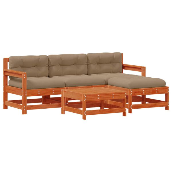 vidaXL Conjunto de Sof&aacute;s de Jard&iacute;n 5 pcs Marr&oacute;n Cera Pino macizo