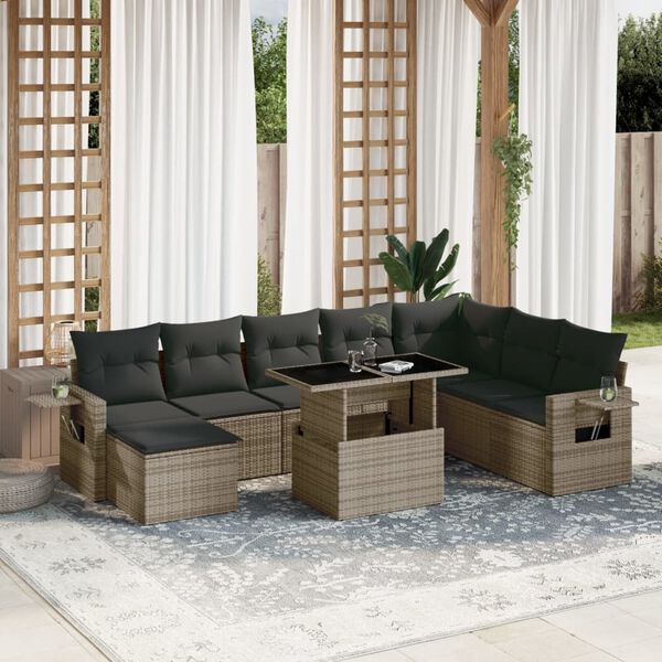 vidaXL Set de muebles de jard&iacute;n 9 pzas y cojines rat&aacute;n sint&eacute;tico gris