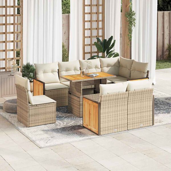 vidaXL Set sof&aacute;s jard&iacute;n y cojines 9 pzas rat&aacute;n sint&eacute;tico acacia beige