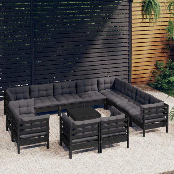 vidaXL Muebles de jard&iacute;n 13 pzas con cojines negro madera maciza pino