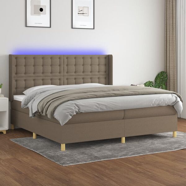 vidaXL Cama box spring colch&oacute;n y luces LED tela gris taupe 200x200 cm