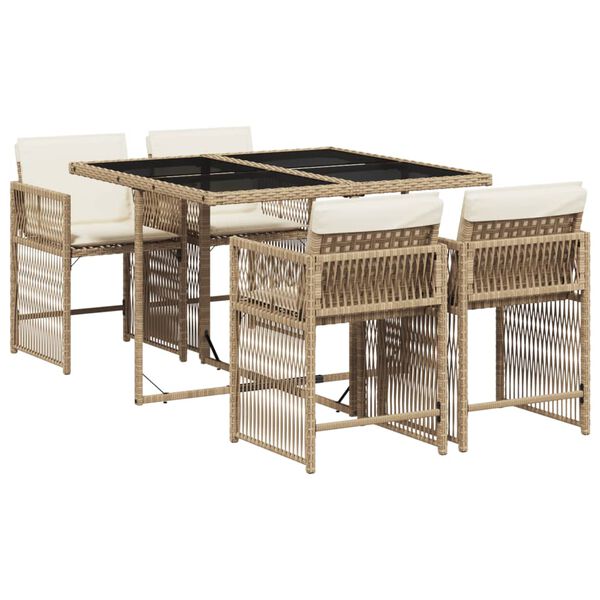 vidaXL Set comedor de jard&iacute;n 5 pzas con cojines rat&aacute;n sint&eacute;tico beige