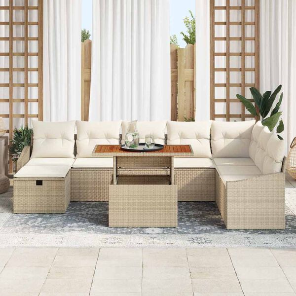 vidaXL Conjunto de sofá de jardín con cojín 9 pcs Beige Poliratán