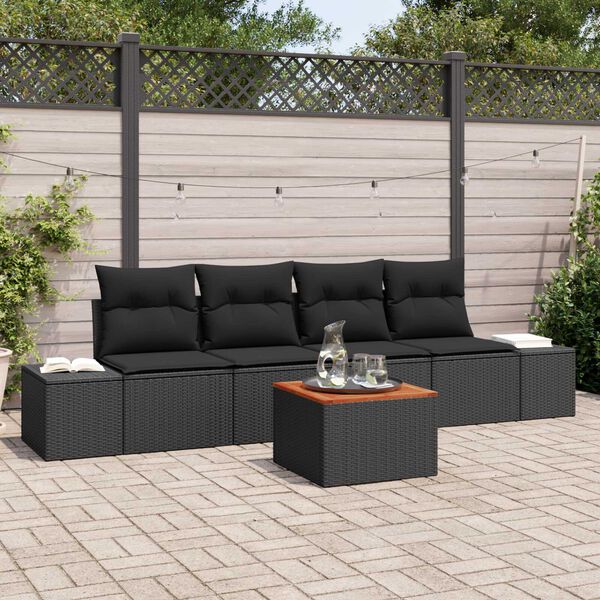 vidaXL Conjunto de sofá de jardín con cojín 5 pcs Negro Poliratán