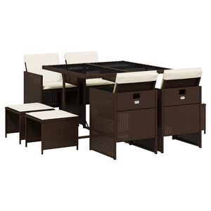 vidaXL Set comedor para jard&iacute;n 9 pzas y cojines rat&aacute;n sint&eacute;tico marr&oacute;n