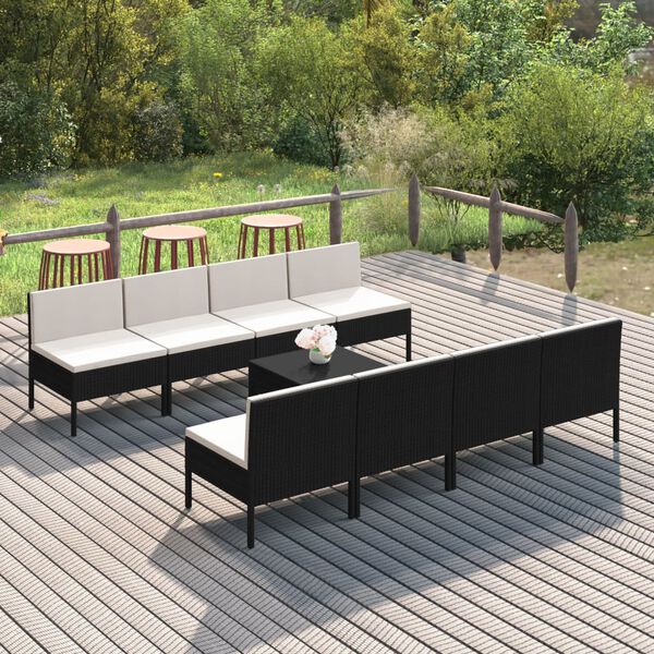 vidaXL Set de muebles de jard&iacute;n 9 pzas cojines rat&aacute;n sint&eacute;tico negro