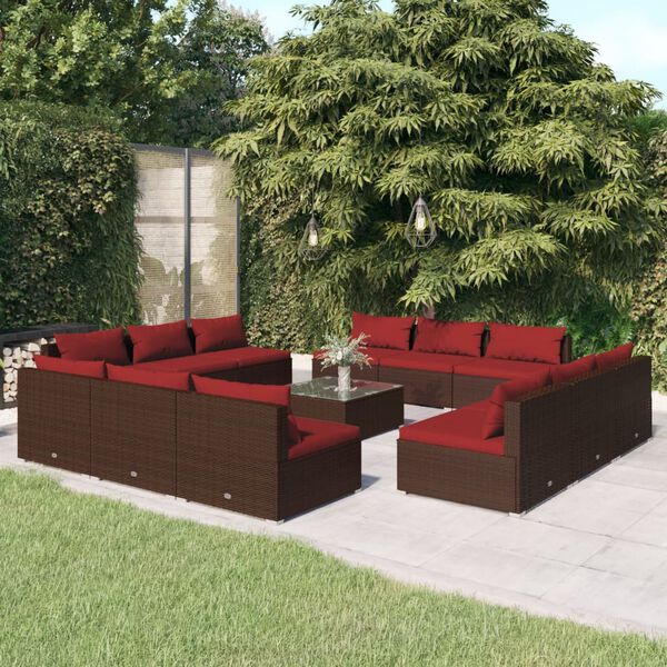vidaXL Set muebles de jard&iacute;n 13 pzas y cojines rat&aacute;n sint&eacute;tico marr&oacute;n