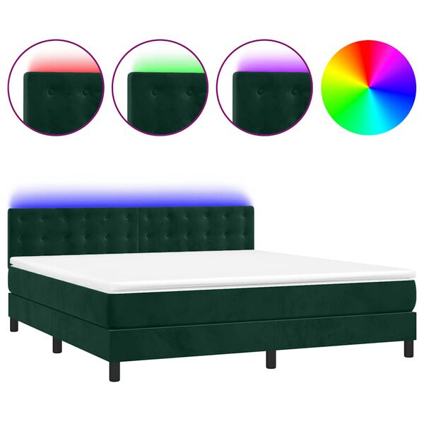 vidaXL Cama box spring colch&oacute;n y LED terciopelo verde oscuro 180x200cm