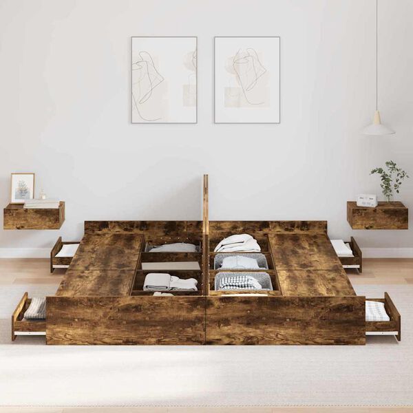 vidaXL Cama con almacenamiento con cabecera Roble ahumado 200 x 200 cm