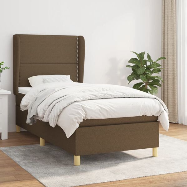 vidaXL Cama box spring con colch&oacute;n tela marr&oacute;n oscuro 90x200 cm