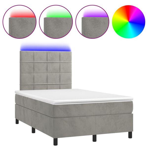 vidaXL Cama box spring colch&oacute;n y LED terciopelo gris claro 120x200 cm