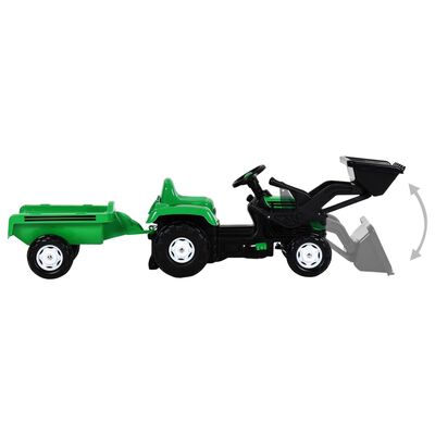 vidaXL Tractor de pedales para niños remolque y cargador verde y negro