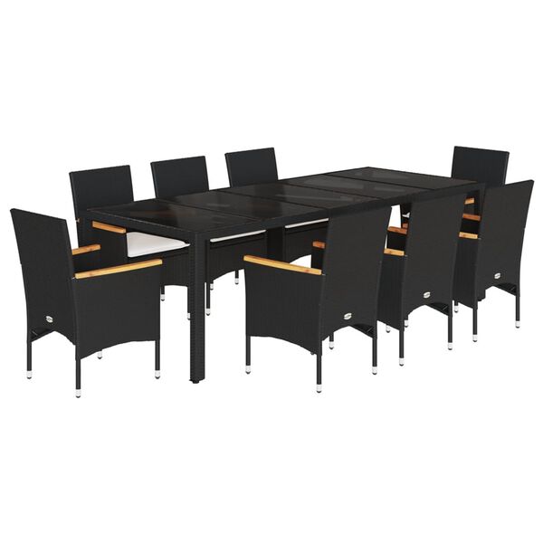 vidaXL Set comedor jard&iacute;n 9 pzas cojines rat&aacute;n sint&eacute;tico vidrio negro