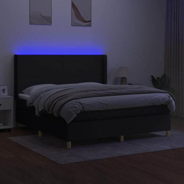 vidaXL Cama box spring colch&oacute;n y luces LED tela negro 160x200 cm