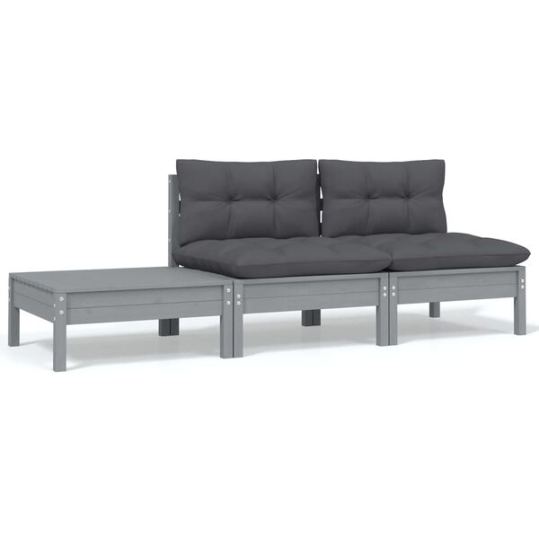vidaXL Juego muebles de jardín 3 pzas cojines gris madera pino maciza