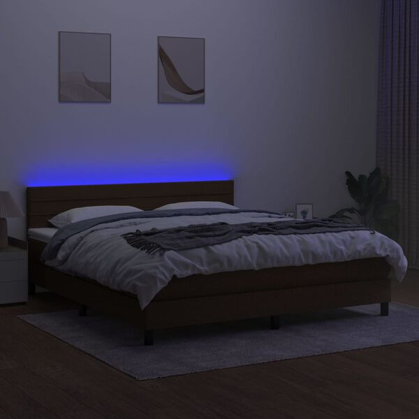 vidaXL Cama box spring colch&oacute;n luces LED tela marr&oacute;n oscuro 180x200cm