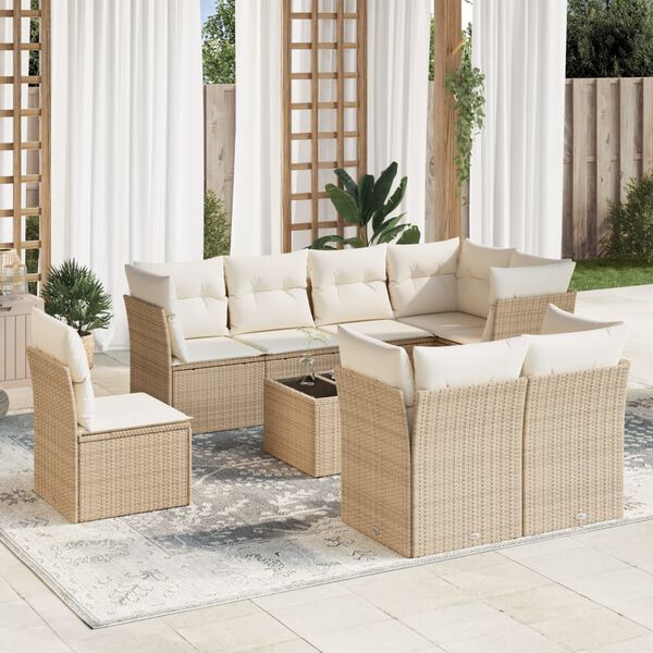 vidaXL Set de sof&aacute;s de jard&iacute;n 9 pzas con cojines rat&aacute;n sint&eacute;tico beige