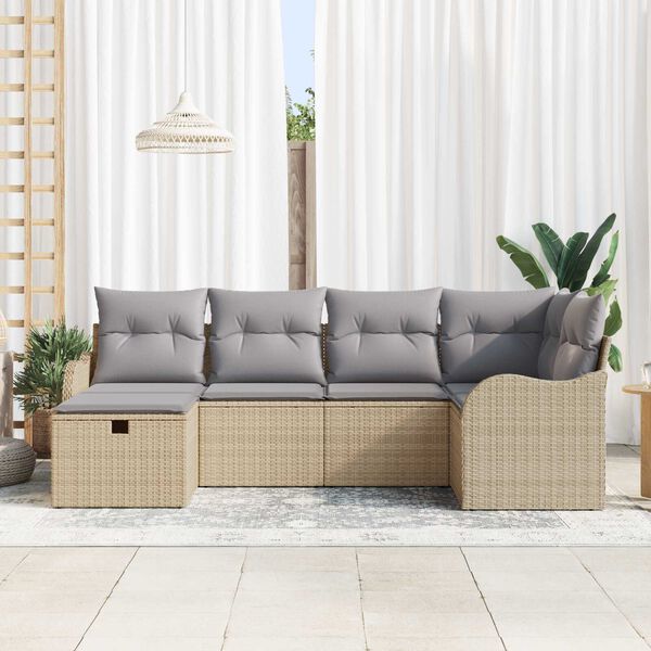 vidaXL Conjunto de sof&aacute; de jard&iacute;n 6 pcs beige y gris claro Polirat&aacute;n