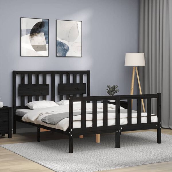 vidaXL Estructura cama de matrimonio con cabecero madera maciza negro