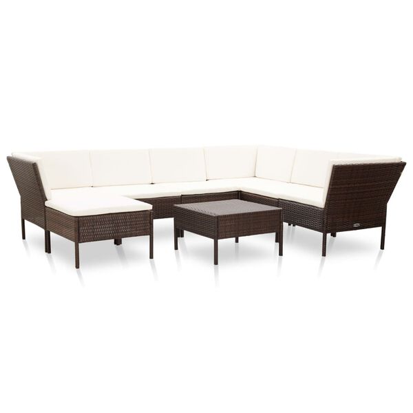 vidaXL Set muebles de jard&iacute;n 8 piezas y cojines rat&aacute;n sint&eacute;tico marr&oacute;n