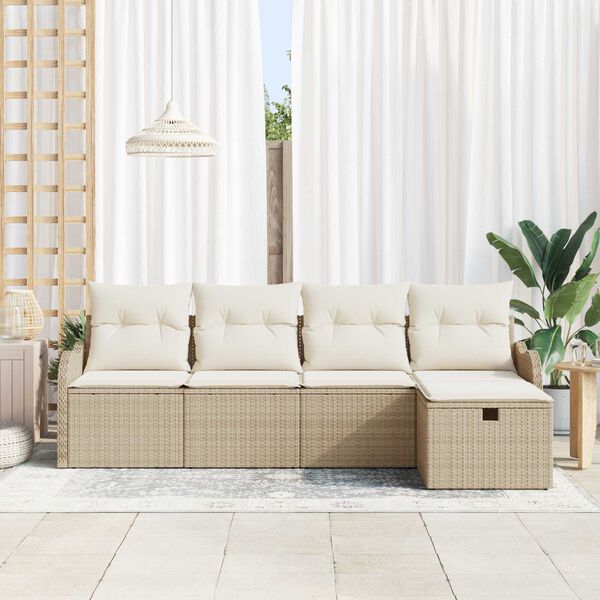 vidaXL Conjunto de sof&aacute; de jard&iacute;n 5 pcs Beige y Crema rat&aacute;n sint&eacute;tico