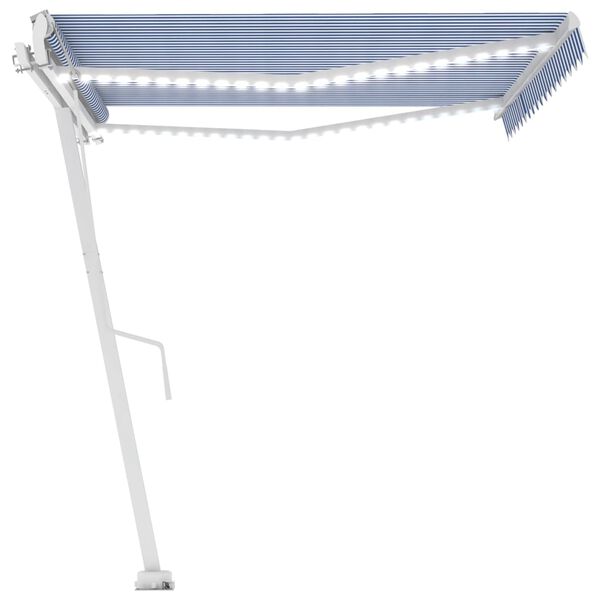 vidaXL Toldo autom&aacute;tico LED sensor de viento azul y blanco 450x300 cm