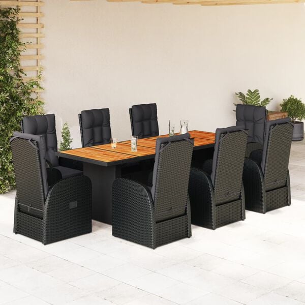 vidaXL Set de comedor de jard&iacute;n 9 pzas y cojines rat&aacute;n sint&eacute;tico negro