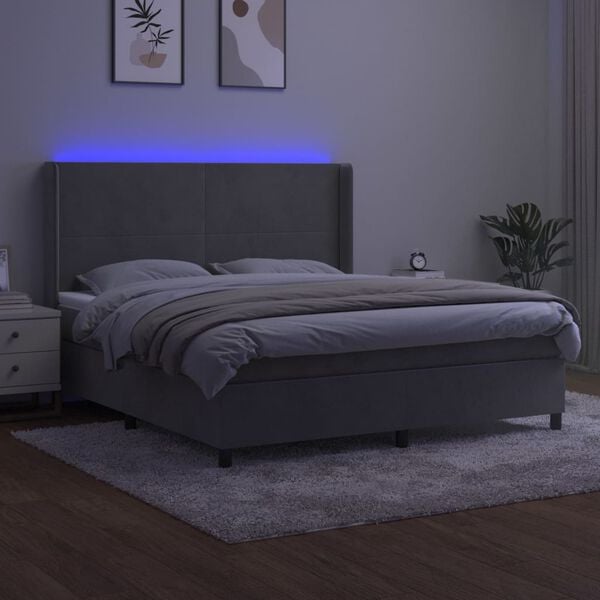 vidaXL Cama box spring colch&oacute;n y LED terciopelo gris claro 180x200 cm