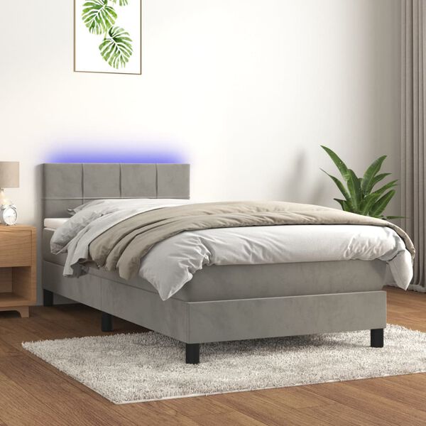 vidaXL Cama box spring colch&oacute;n y LED terciopelo gris claro 90x190 cm