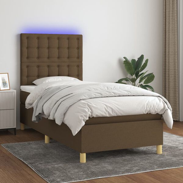 vidaXL Cama box spring colch&oacute;n y luces LED tela marr&oacute;n oscuro 90x190cm