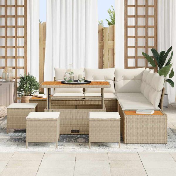 vidaXL Conjunto de sof&aacute;s de jard&iacute;n 9 pcs Beige rat&aacute;n sint&eacute;tico