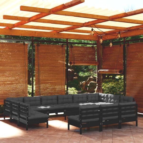 vidaXL Muebles de jard&iacute;n 14 pzas y cojines negro madera maciza de pino