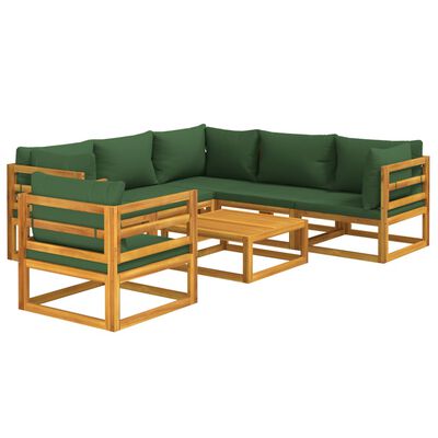 vidaXL Juego muebles de jardín 7 piezas madera maciza y cojines verdes