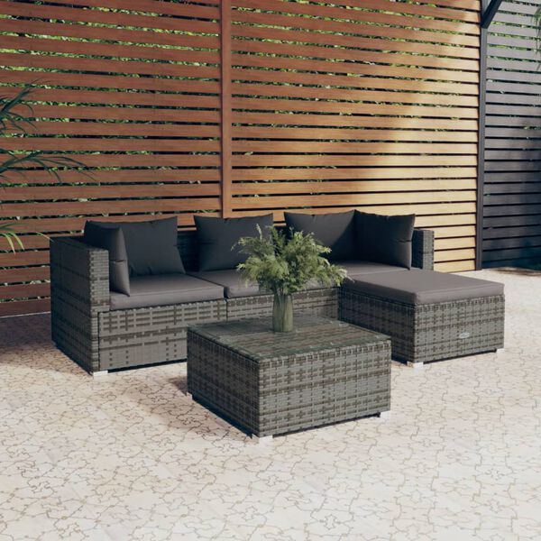 vidaXL Set de muebles de jard&iacute;n 5 pzas y cojines rat&aacute;n sint&eacute;tico gris