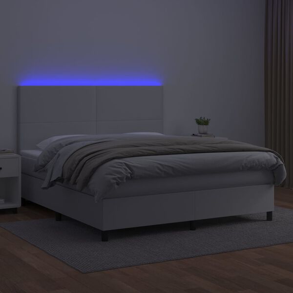 vidaXL Cama box spring colch&oacute;n y LED cuero sint&eacute;tico blanco 160x200 cm