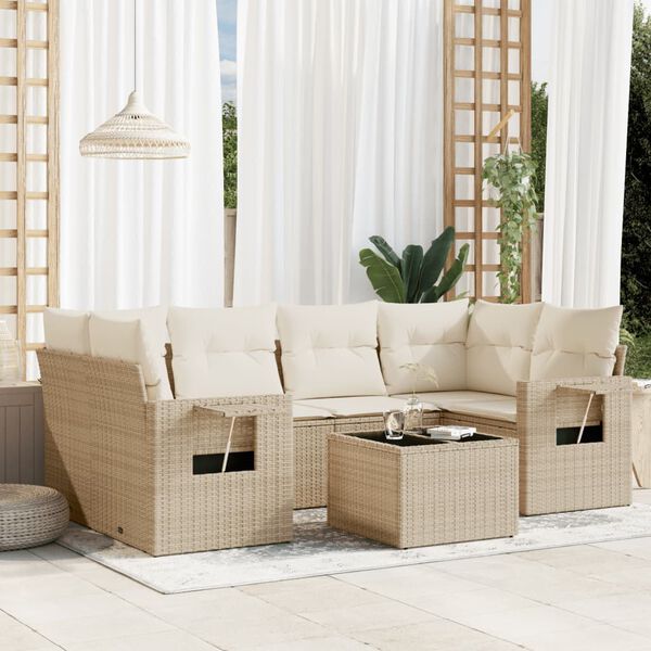 vidaXL Set sof&aacute;s de jard&iacute;n 7 piezas y cojines rat&aacute;n sint&eacute;tico beige