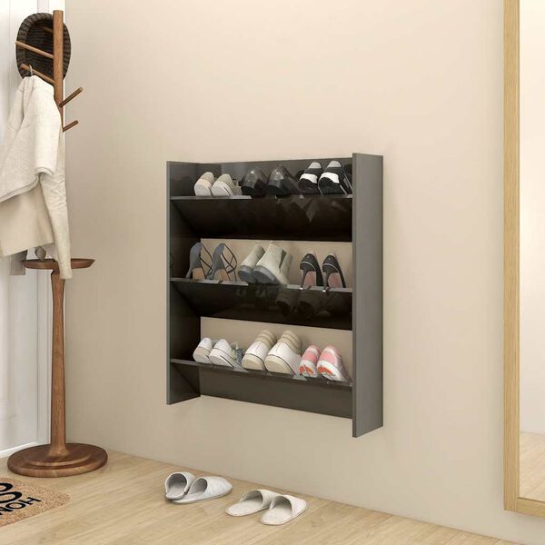 vidaXL Zapatero de pared madera contrachapada gris brillo 80x18x90 cm