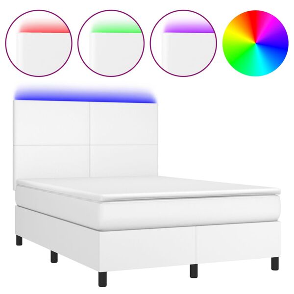 vidaXL Cama box spring colch&oacute;n y LED cuero sint&eacute;tico blanco 140x190 cm