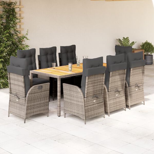 vidaXL Set comedor jard&iacute;n 9 pzas y cojines rat&aacute;n sint&eacute;tico gris