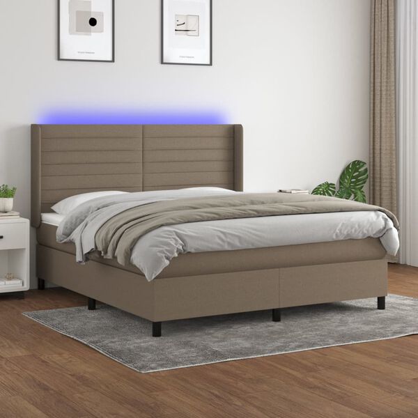 vidaXL Cama box spring colch&oacute;n y luces LED tela gris taupe 160x200 cm