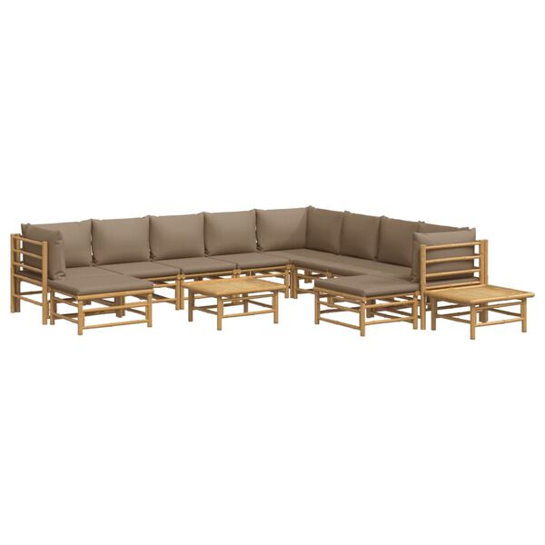 vidaXL Set de muebles de jardín 12 piezas bambú y cojines gris taupé